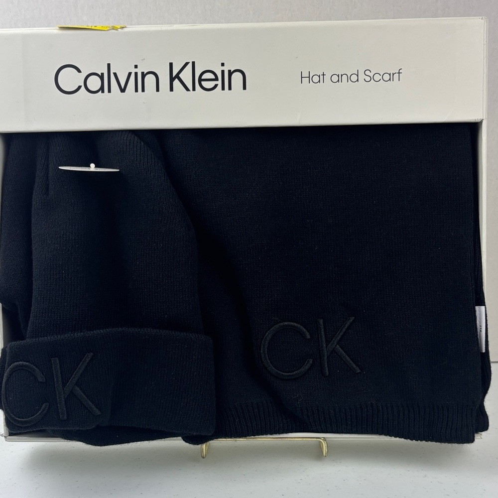 Calvin Klein Black CK Logo Hat and Scarf